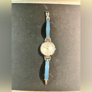 Fossil watch white face stainless steel case blue leather, stainless steel band